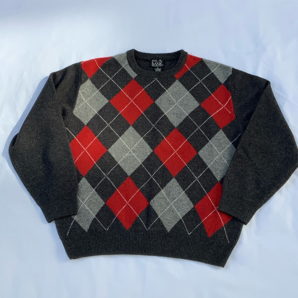 Jos A. Bank Men's Wool Argyle Sweater - Red and Gray